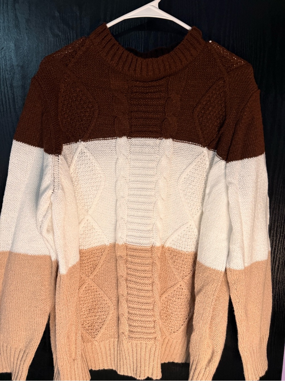 SHEIN Brown White Tan Colorblock Cable Knit Sweater